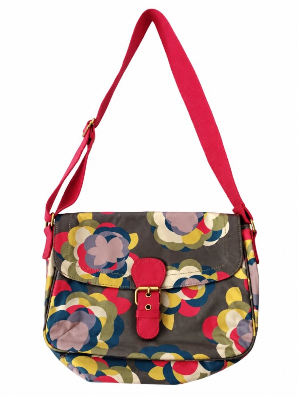 Boden Floral Crossbody Messenger Bag with Red Strap and Buckle Detail
